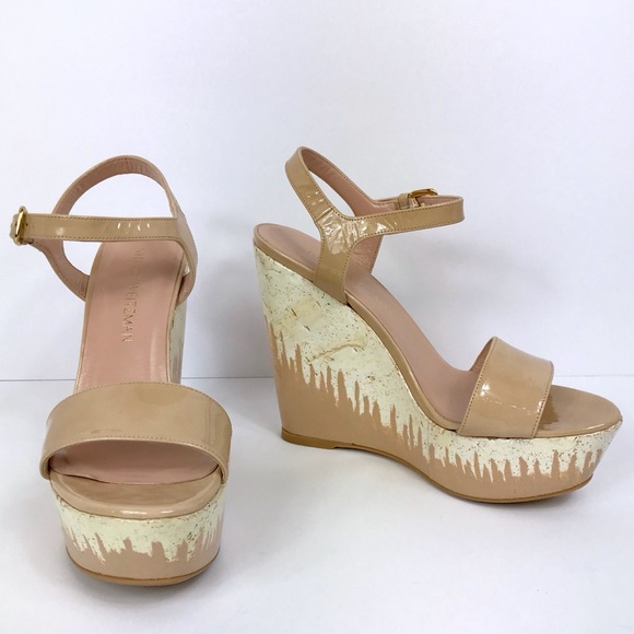 Stuart Weitzman Shoes - Stuart Weitzman Beige Patent Leather Sandle Wedge